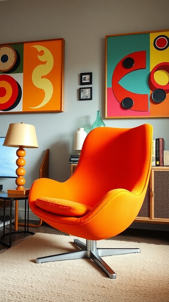 A retro 70s egg chair in orange fabric, placed in a vintage living room with colorful decor.